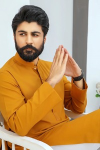 Men's Mustard Cotton Salwar Kameez <b>Long</b> Sleeve Modest Stand Collar Regular Fit Casual Daily Wear Midi Length India Pakistan - Product Image 3