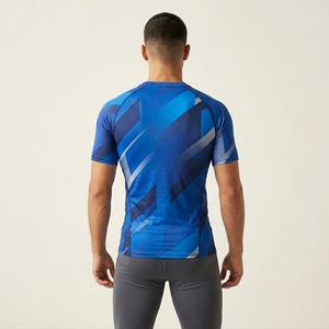 Men's Blue Geometric Pattern Short Sleeve Compression T-Shirt O-Neck Quick Dry Slim Fit Sporty Workout Apparel - Product Image 6