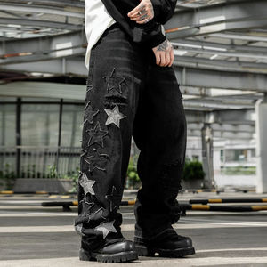 Pantalon décontracté unisexe en denim délavé de haute qualité, style vintage respirant, streetwear hip-hop Y2K avec patch brodé étoile - Product Image 1