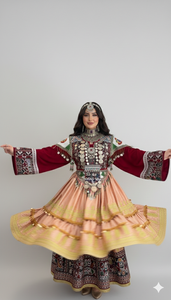 Robe ethnique afghane traditionnelle en bordeaux foncé et couches de tissu pêche doux, ornée de breloques vintage en pièces de monnaie argentées et multicolores - Product Image 5