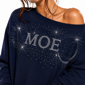 Sudadera con capucha de algodón polar azul marino con hombros descubiertos y pedrería para mujer, con bolsillo canguro, de marca personalizada, fabricante mayorista - Product Image 3