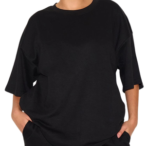 Women's Black Oversized <b>Crop</b> <b>Top</b> Drop Shoulder Loose Fit Crew Neck Knitted Solid Color Short Sleeve T-Shirt All Seasons - Product Image 6