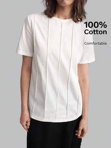 Custom Beige 100% Cotton Tee Women's Shirts Pleated Vertical Seam Short Sleeve T-Shirt Y2K Trendy Embroidery Logo Plus Size <b>Tops</b> - Product Image 3