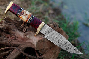 Cuchillo de caza hecho a mano DIY OEM de acero de Damasco con punta de gota, mango de asta y virola de latón, cuchillos personalizados - Product Image 2
