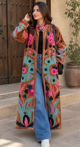 <b>Women</b> Embroidered <b>Velvet</b> Quilted Long <b>Jacket</b> Handmade Boho Floral Ethnic Open Front Regular Breathable Eco-Friendly Indian - Product Image 2