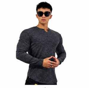 T-shirt en tricot à manches longues pour homme, col en V, vert olive, coupe classique, couleur unie, design simple, 95% coton, 5% élasthanne, extensible - Product Image 4