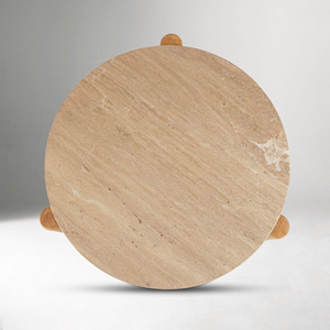 Modern <b>Wood</b> Round Coffee <b>Table</b> with Stone Top for <b>Outdoor</b> Patio - Product Image 5