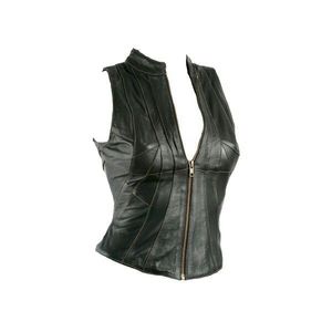<b>Men's</b> <b>Black</b> genuine Leather Moto <b>Vest</b> Stand Collar Zipper Front Solid Color Regular Length Outerwear - Product Image 5