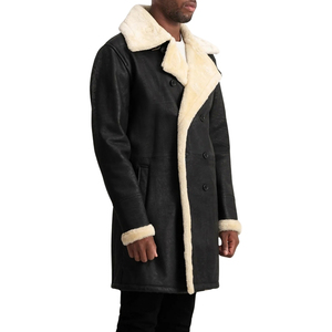 <b>Men's</b> <b>Black</b> Genuine Leather Shearling Notched Lapel Double Breasted Knee Length <b>Overcoat</b> - Product Image 3