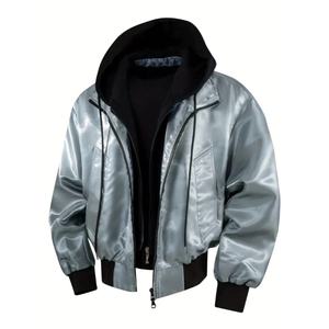 Blouson Bomber Premium Homme à Capuche, Finition Satinée, Léger, Entièrement Zippé, Coupe-Vent, Noir, Argent, Gris, Vêtement d'extérieur Décontracté Streetwear - Product Image 5