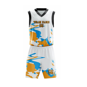 Conjunto de Uniforme de Baloncesto Sublimado Personalizado, Cuello en V, Sin Mangas, Absorbente de Humedad, Jersey y Pantalones Cortos Unisex para Equipo, Blanco, Azul y Dorado - Product Image 3