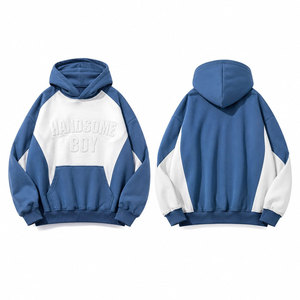 Sweat-shirt à capuche décontracté pour homme, bleu et blanc, à blocs de couleur, manches raglan, motif gaufré, coupe oversize, pour l'automne - Product Image 1