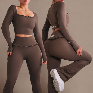Women's Pink 2 Piece Yoga <b>Set</b> <b>Square</b> Neck Long Sleeve Crop Top High Waist Leggings Ruffles Seamless Activewear - Product Image 2