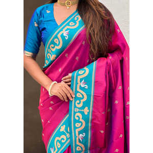 ผ้าไหมพิธานีลายแมเจนต้า ซารี วูเอน ราจฮันส์ ซวอน พร้อมผ้าคลุมไหล่ทอมืออินเดียคุณภาพพรีเมียม น้ำหนัก 650 กรัม ผลิตภัณฑ์ทอระดับเอลีท - Product Image 2