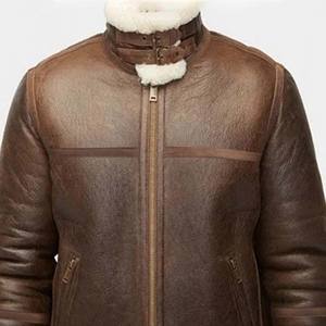 Blouson aviateur B3 marron foncé pour homme, col en fourrure crème, manteau d'hiver en peau de mouton véritable, doublure en polaire chaude - Product Image 3
