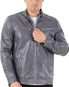 Blouson moto homme gris en cuir PU, col montant, fermeture éclair, coupe ajustée, longueur standard, pour l'automne - Product Image 2