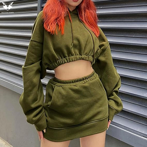 Women's Going Out 2 Piece Skirt Outfits OEM Custom Autumn Long Sleeve Drawstring Women Hoodie Skirt <b>Sets</b> - Product Image 3