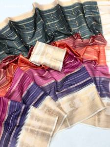 <b>Top</b> Quality Soft Cotton with Multi-Color Digital Print Stripe & Golden Traditional Motif Zari Border Saree Set At Wholesale Rate - Product Image 6