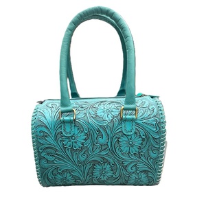 Hand-<b>Tooled</b> Turquoise Genuine <b>Leather</b> Luxury Animal Print Western Speedy Purse Handmade Vintage Zipper Handbag - Product Image 1