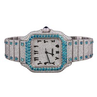 Montre automatique à quartz personnalisable pour homme et femme, style hip-hop, cadran en acier inoxydable avec diamant moissanite bleu ciel