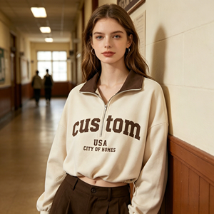 OEM Custom <b>Women's</b> <b>Cropped</b> <b>Half</b> <b>Zip</b> <b>Sweatshirt</b> Color Block Collar Custom Logo Letter Print Streetwear Pullover with Drawstring - Product Image 3