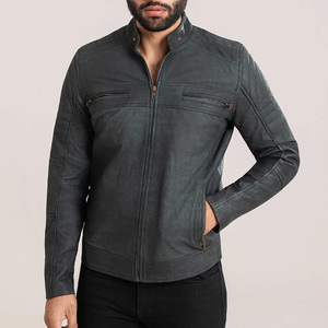 Chaqueta de Motociclista para Hombre, Color Gris, Cierre de Cremallera, Cuello Alto, Corte Ajustado, Color Sólido, Largo Regular, para Otoño - Product Image 2