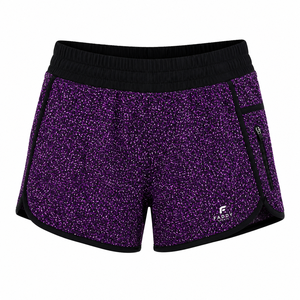 Purple Black <b>Glitter</b> Print Women Running Shorts Zip Pocket Elastic Waist Contrast Trim Custom Logo Fitness Activewear Wholesale - Product Image 2