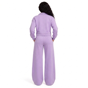 Ensemble de détente pour femme avec sweat-shirt à col rabattu et pantalon palazzo à cordon de serrage, pour usage quotidien - Product Image 2