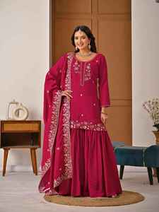 Women Fully <b>Stitched</b> Heavy Vichitra Sharara Palazzo Suit with Elegant Beads Hand Work Top Embroidery Dupatta (NW 3091)DC - Product Image 1