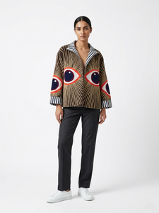 <b>Women</b>’s Handmade Embroidered <b>Jacket</b> Eye Motif Boho Short <b>Jacket</b> with Striped Collar and Cuffs - Product Image 4