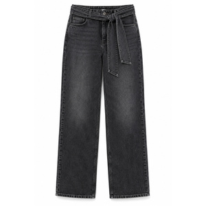 Jean ample décontracté pour femme avec ceinture en jean détachable, délavage moyen, taille XL, mélange de polyester - Product Image 1