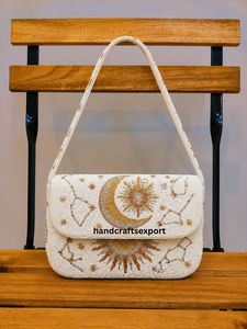 Bolso de Mano con Cuentas de Sol, Luna y Estrella, Moderno, Ligero, Ecológico, Bolso de Hombro Blanco, Artesanal, Bordado |   Personalizado - Product Image 1