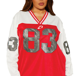 Trendy Women Cut and Sew Panel <b>Red</b> White American Football Jersey Oversized Streetwear Long Sleeve Polyester OEM Sports Teamwear - Product Image 3