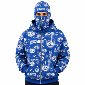 Sweat à capuche unisexe tendance avec masque intégré, motif citrouille d'Halloween bleu, fermeture éclair intégrale, coupe oversize, vente en gros - Product Image 2