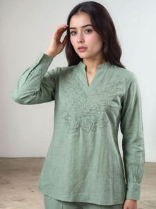 Ropa de Dormir de Verano Bordada para Mujer, Manga Larga, Alta Calidad, Informal, Cómoda, 100% Algodón, Cuello en V - Product Image 2