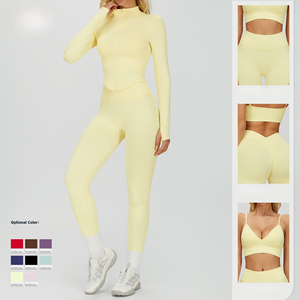 Conjunto de Yoga Premium para Mujer, 3 Piezas, Sin Costuras, Nailon y Spandex, Leggings, Sujetador Deportivo, Chaqueta, Cuello Halter, Elástico en 4 Direcciones, Ecológico - Product Image 4