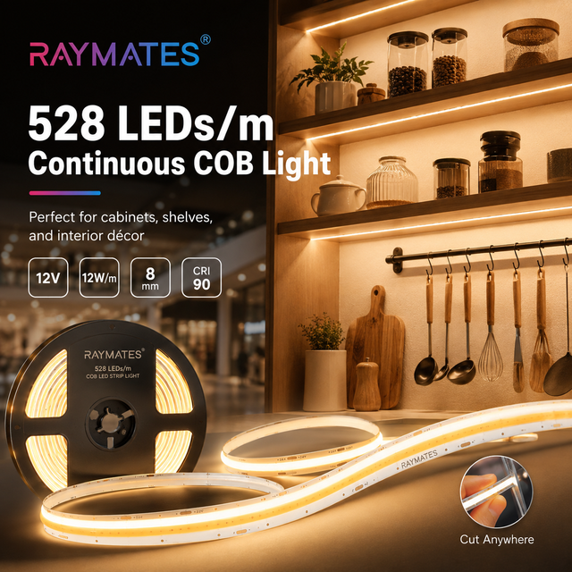 Raymates  Free Cut  Flexible COB LED Strip 528leds/m DC12V 8mm CRI 90+  CE Certified COB Chips Led Light  Dotless Anywhere Cut