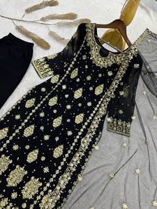 Black Embroidered Indian Pakistani Set Long <b>Top</b> Palazzo Dupatta <b>Net</b> Party Outfit for Wedding Banquet - Product Image 4