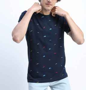 T-shirt à manches courtes col rond pour homme, bleu marine, avec imprimé voiture coloré, coupe classique, en jersey de coton tricoté décontracté - Product Image 1