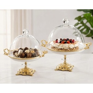 Elegant Gold <b>Cake</b> <b>Stand</b> Set With Glass Dome 2 Piece Round Display Tray For Dessert Serving - Product Image 5