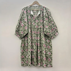 Vestido Casual Midi para Mujer, Tejido 100% Algodón, Liso, Manga Corta, Cintura Imperio, Estilo Babydoll, Cuello en V, Holgado, Funcional - Product Image 1