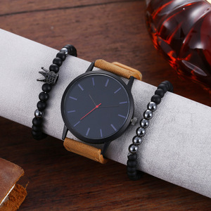 8132 Hot Selling 3 Pcs Men's Fashion Watch <b>Leather</b> Quartz Watch With Crown <b>Bracelet</b> Set Luxury Minimalist Watch Set - Product Image 2