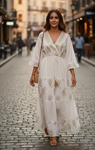 White Boho Maxi Dress for Women – Golden Embroidery Handmade Tie Dye <b>Three</b> Quarter Sleeve V-Neck Floor Length Long Maxi Dress - Product Image 3