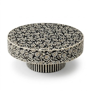 Mesa de centro redonda de lujo con incrustaciones de hueso hecha a mano, con patrón floral en blanco y negro, para sala de estar, venta al por mayor. - Product Image 1