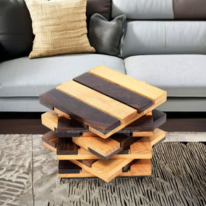 ชุดจานรองแก้วไม้สี่เหลี่ยมแบบซ้อนได้สองสี |   แผ่นรองแก้วลายทางทำมือ |   ทนทาน ใช้วัสดุธรรมชาติ เป็นมิตรกับสิ่งแวดล้อม - Product Image 1