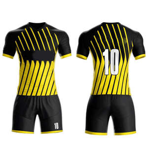 Conjunto de Camiseta de Fútbol Sublimada Personalizada con Cuello en V para Hombre, Rayas Negras y Amarillas, 100% Poliéster, Absorbe la Humedad, Ajuste Atlético, Manga Corta - Product Image 1