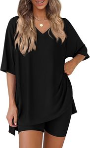 Conjunto de 2 piezas de punto negro con cuello en V y manga corta para mujer, estilo urbano, corte regular, casual, para primavera y verano, color liso, para uso diario con abertura. - Product Image 3