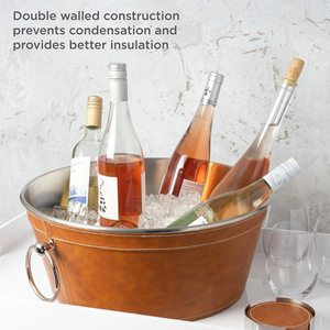 Luxury Brown Leather Stitched Double Wall Stainless Steel <b>Ice</b> Bucket Chrome Ring Handles Premium Party Matte Finish Beverage Tub - Product Image 3
