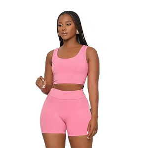 New Products Best Price Summer Solid Color Crop Top Biker Shorts Set <b>Women</b> <b>2</b> <b>Piece</b> <b>Outfit</b> Sleeveless Breathable Fit All Season - Product Image 5