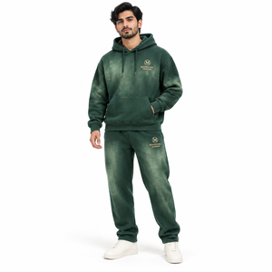 Ensemble de survêtement en molleton délavé pour homme, couleur unie, manches longues, décontracté, 100 % coton, respirant, écologique - Product Image 1
